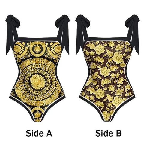 Designer One Piece Swimsuit and Skirt Cover Up Sexy Retro Print Swimwear  CODE: KAR2948