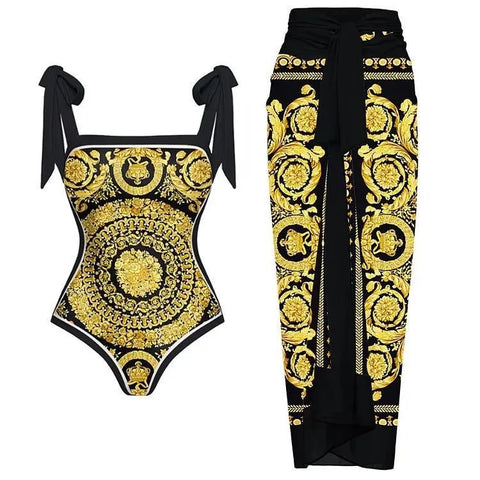 Designer One Piece Swimsuit and Skirt Cover Up Sexy Retro Print Swimwear  CODE: KAR2948
