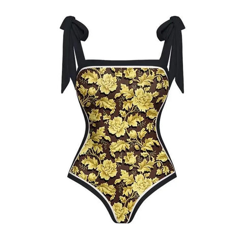 Designer One Piece Swimsuit and Skirt Cover Up Sexy Retro Print Swimwear  CODE: KAR2948