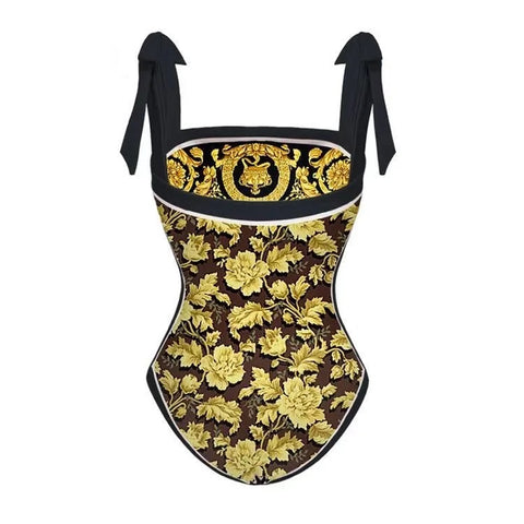 Designer One Piece Swimsuit and Skirt Cover Up Sexy Retro Print Swimwear  CODE: KAR2948
