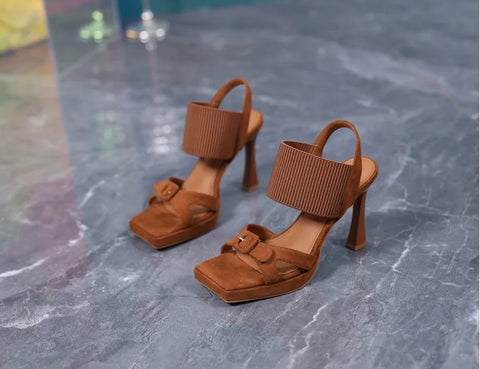New Fashion Elastic Band Square Toe Heeled Sandal CODE: KAR2949