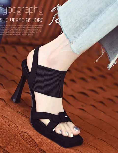 New Fashion Elastic Band Square Toe Heeled Sandal CODE: KAR2949