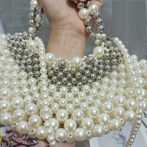 New Beaded Woven Silver Pearl Chain Crossbody Handbag CODE: KAR2955