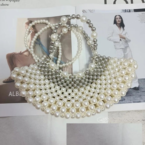 New Beaded Woven Silver Pearl Chain Crossbody Handbag CODE: KAR2955