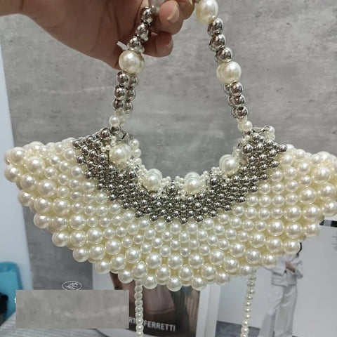 New Beaded Woven Silver Pearl Chain Crossbody Handbag CODE: KAR2955