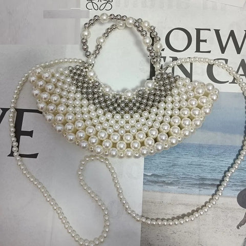 New Beaded Woven Silver Pearl Chain Crossbody Handbag CODE: KAR2955