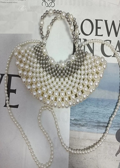 New Beaded Woven Silver Pearl Chain Crossbody Handbag CODE: KAR2955