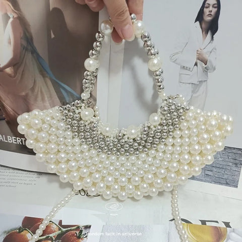 New Beaded Woven Silver Pearl Chain Crossbody Handbag CODE: KAR2955