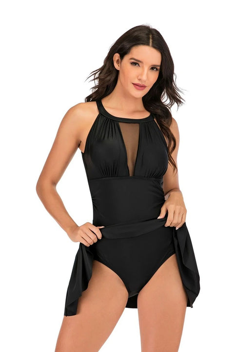 New One Piece  With Shorts Slim Mesh Hollow Out Design Swimwear CODE: KAR2959
