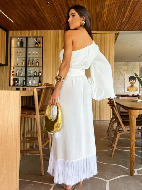 New One-Shoulder Sexy Long Skirt Slit Ruffled Tassel Swing Halter Zipper Dress CODE: KAR2966