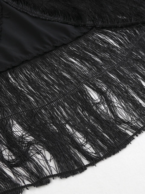 New One-Shoulder Sexy Long Skirt Slit Ruffled Tassel Swing Halter Zipper Dress CODE: KAR2966