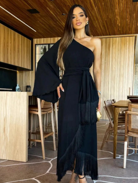 New One-Shoulder Sexy Long Skirt Slit Ruffled Tassel Swing Halter Zipper Dress CODE: KAR2966