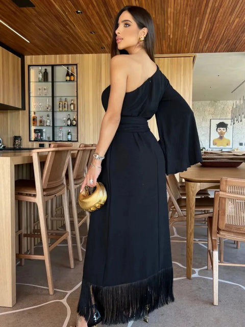 New One-Shoulder Sexy Long Skirt Slit Ruffled Tassel Swing Halter Zipper Dress CODE: KAR2966
