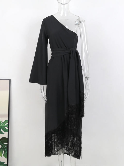 New One-Shoulder Sexy Long Skirt Slit Ruffled Tassel Swing Halter Zipper Dress CODE: KAR2966