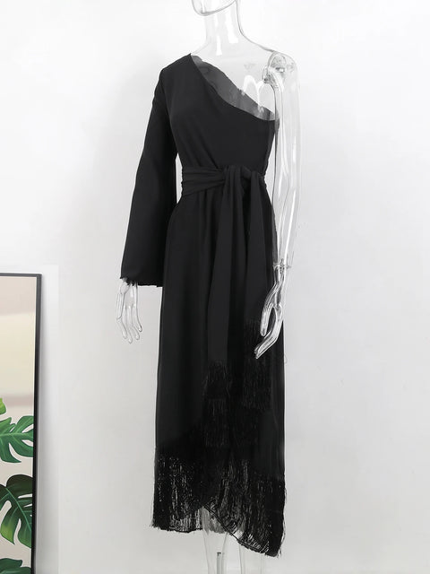 New One-Shoulder Sexy Long Skirt Slit Ruffled Tassel Swing Halter Zipper Dress CODE: KAR2966