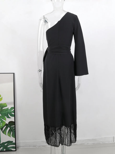 New One-Shoulder Sexy Long Skirt Slit Ruffled Tassel Swing Halter Zipper Dress CODE: KAR2966