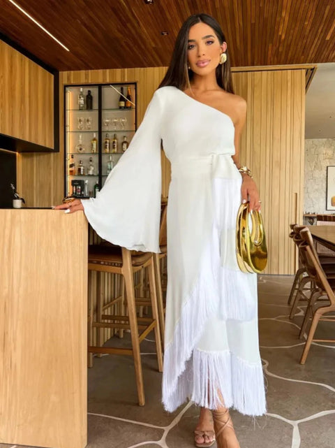 New One-Shoulder Sexy Long Skirt Slit Ruffled Tassel Swing Halter Zipper Dress CODE: KAR2966