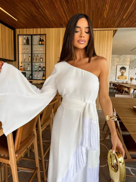New One-Shoulder Sexy Long Skirt Slit Ruffled Tassel Swing Halter Zipper Dress CODE: KAR2966