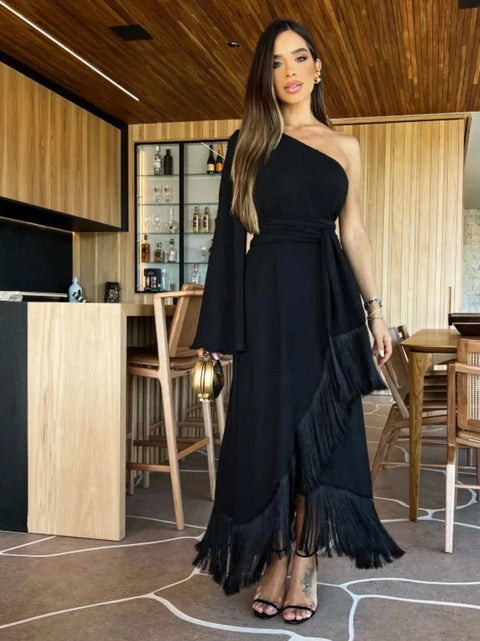New One-Shoulder Sexy Long Skirt Slit Ruffled Tassel Swing Halter Zipper Dress CODE: KAR2966