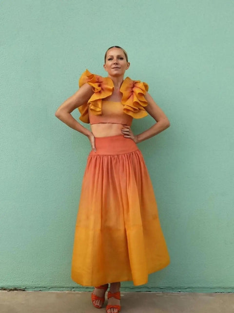 New Sleeve Skinny Crop Top + Elastic High Waist Pleated Skirt 2 Pieces Set CODE: KAR2969