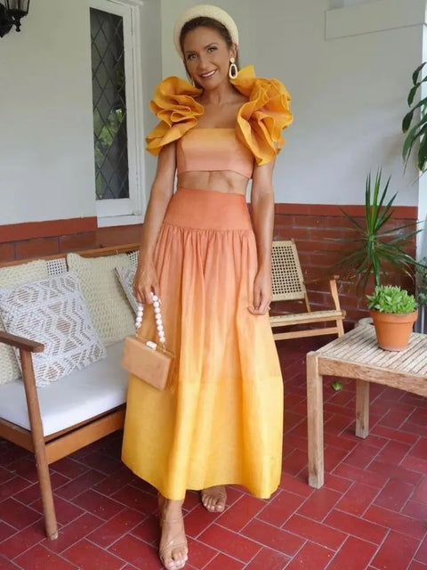 New Sleeve Skinny Crop Top + Elastic High Waist Pleated Skirt 2 Pieces Set CODE: KAR2969