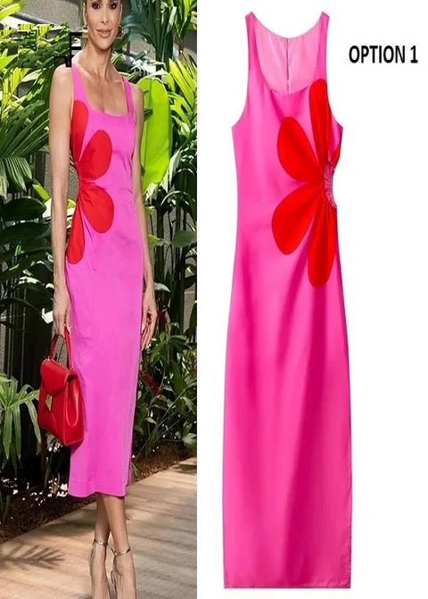 New Summer Midi Print Ruffled Sleeveless Floral Cut-Out Dress CODE: KAR2971