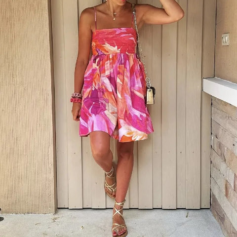 New Tie-dye Flower Print Slash Collar Ruched Chest Mini Sling Dress CODE: KAR2972