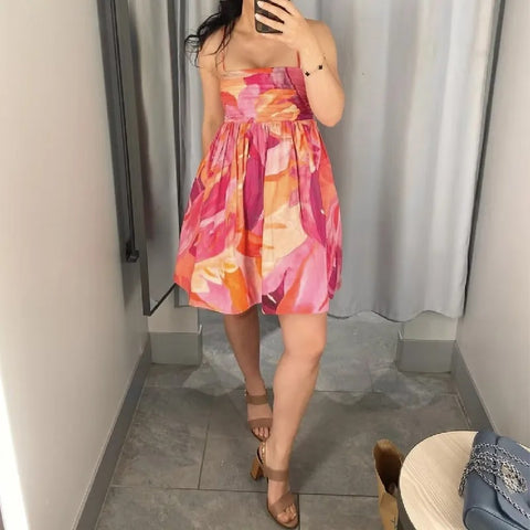 New Tie-dye Flower Print Slash Collar Ruched Chest Mini Sling Dress CODE: KAR2972