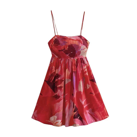 New Tie-dye Flower Print Slash Collar Ruched Chest Mini Sling Dress CODE: KAR2972