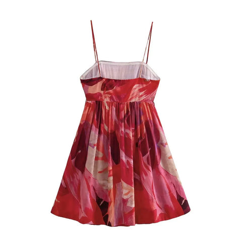 New Tie-dye Flower Print Slash Collar Ruched Chest Mini Sling Dress CODE: KAR2972