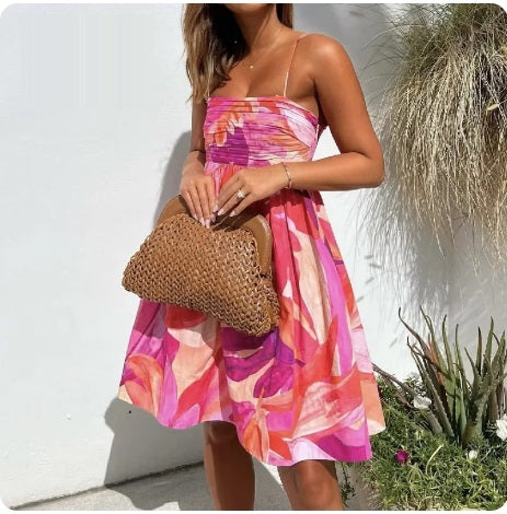 New Tie-dye Flower Print Slash Collar Ruched Chest Mini Sling Dress CODE: KAR2972
