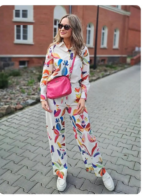 New Print Turn-Down Collar Long Sleeves Buttons Single Breasted Shirts+Elastic Waist Wide Leg Pants CODE: KAR2975
