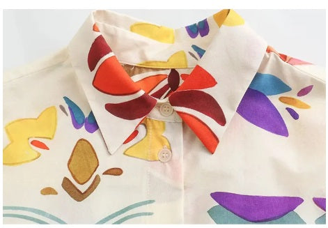 New Print Turn-Down Collar Long Sleeves Buttons Single Breasted Shirts+Elastic Waist Wide Leg Pants CODE: KAR2975