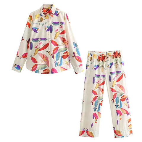 New Print Turn-Down Collar Long Sleeves Buttons Single Breasted Shirts+Elastic Waist Wide Leg Pants CODE: KAR2975