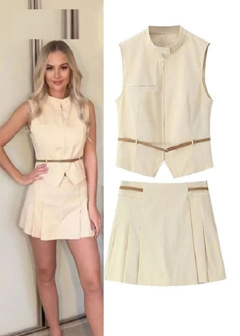 New Pleated Mini Skirts Pieces Belt Short Top Set CODE: KAR2976