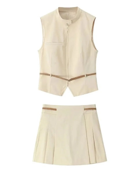 New Pleated Mini Skirts Pieces Belt Short Top Set CODE: KAR2976