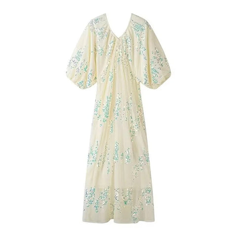 New Fashion Lantern Sleeves V-Neck Lace Midi Dresses CODE: KAR2984