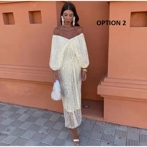 New Fashion Lantern Sleeves V-Neck Lace Midi Dresses CODE: KAR2984