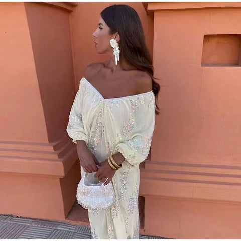 New Fashion Lantern Sleeves V-Neck Lace Midi Dresses CODE: KAR2984