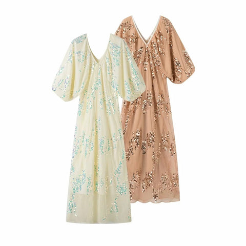 New Fashion Lantern Sleeves V-Neck Lace Midi Dresses CODE: KAR2984