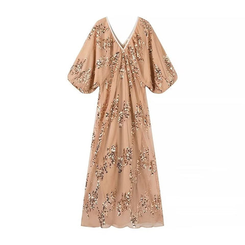 New Fashion Lantern Sleeves V-Neck Lace Midi Dresses CODE: KAR2984
