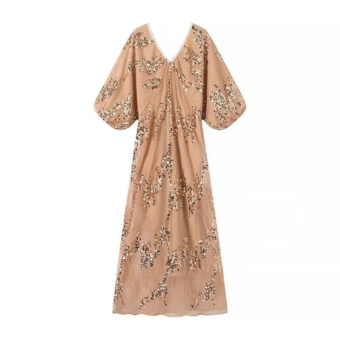 New Fashion Lantern Sleeves V-Neck Lace Midi Dresses CODE: KAR2984