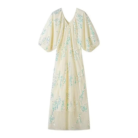 New Fashion Lantern Sleeves V-Neck Lace Midi Dresses CODE: KAR2984