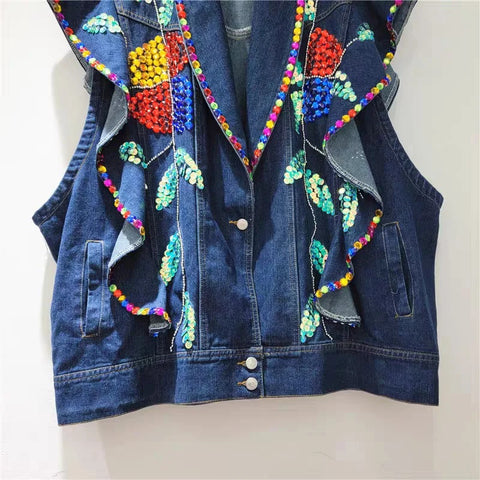 Handmade Beaded Sequins Colorful Crystals Ruffled Denim Vest CODE: KAR2986