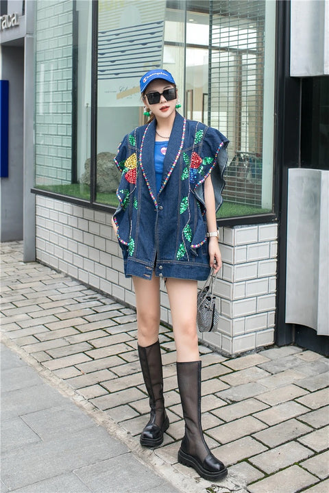 Handmade Beaded Sequins Colorful Crystals Ruffled Denim Vest CODE: KAR2986