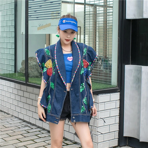 Handmade Beaded Sequins Colorful Crystals Ruffled Denim Vest CODE: KAR2986