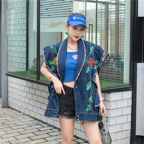 Handmade Beaded Sequins Colorful Crystals Ruffled Denim Vest CODE: KAR2986