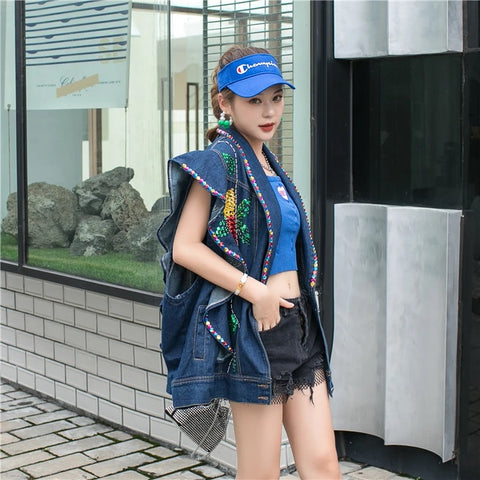 Handmade Beaded Sequins Colorful Crystals Ruffled Denim Vest CODE: KAR2986