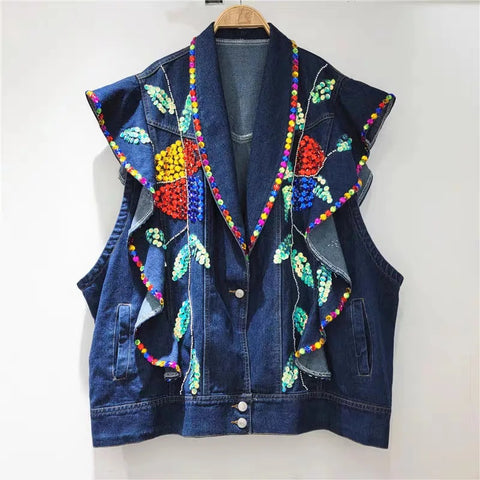 Handmade Beaded Sequins Colorful Crystals Ruffled Denim Vest CODE: KAR2986