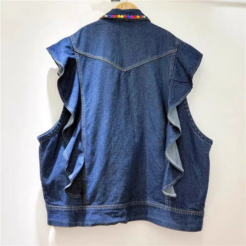 Handmade Beaded Sequins Colorful Crystals Ruffled Denim Vest CODE: KAR2986